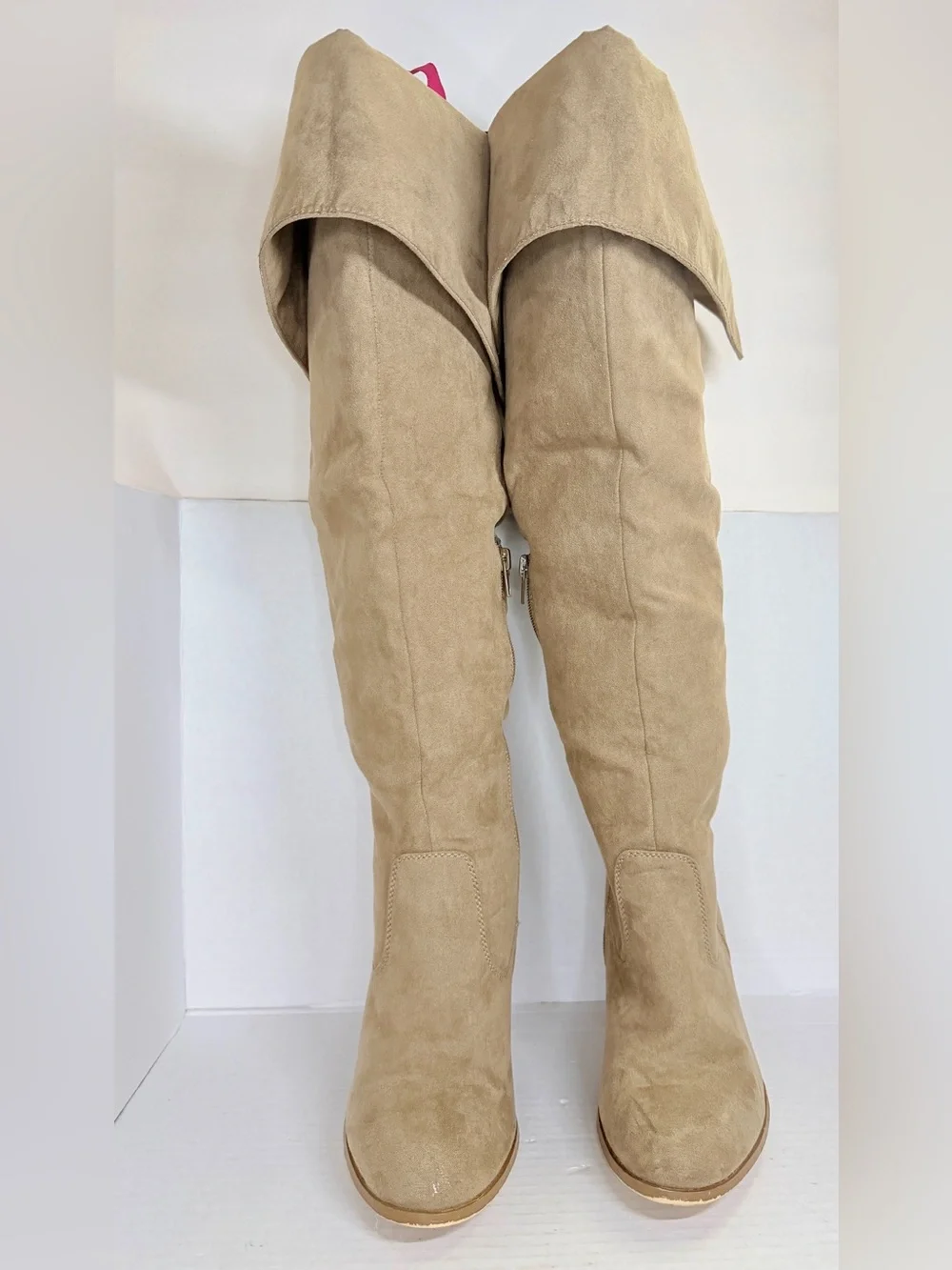 Boho Style Women's Over-the-Knee Fold-Top Suede Boots in Beige Size 8